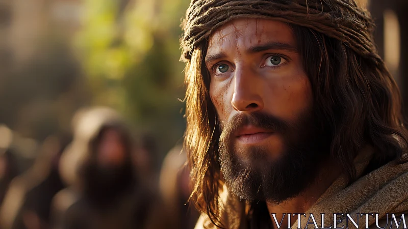 Portrait depicts robed bearded man in shallow depth of field