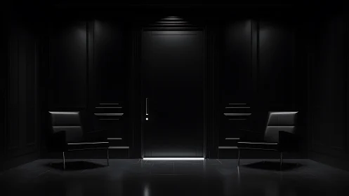 Minimalist black waiting room frames single glowing doorway