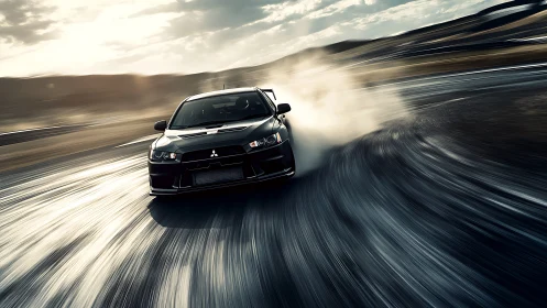 Black sports sedan drifts aggressively through sweeping racetrack curve