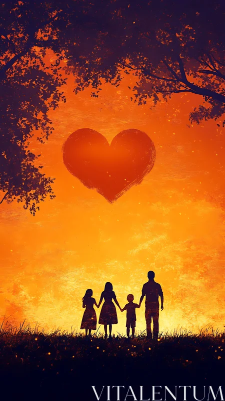 Family silhouettes hold hands beneath love's radiant cosmic glow