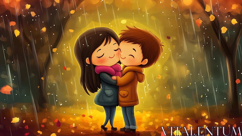 Autumn Romance Embrace: Couple in Luminous Seasonal Setting with Leaf Particles