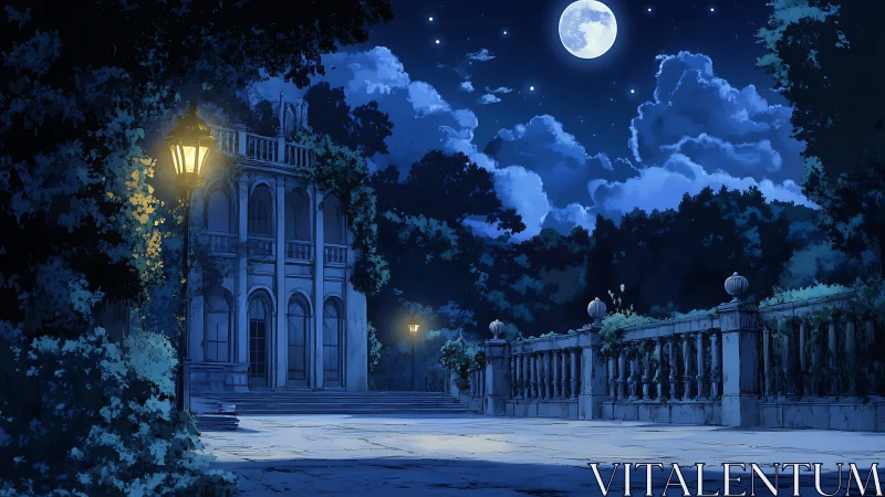 Moonlit neoclassical terrace with glowing garden lanterns.