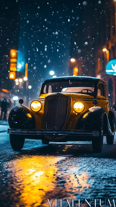 Vintage yellow car under snow on neon city street.