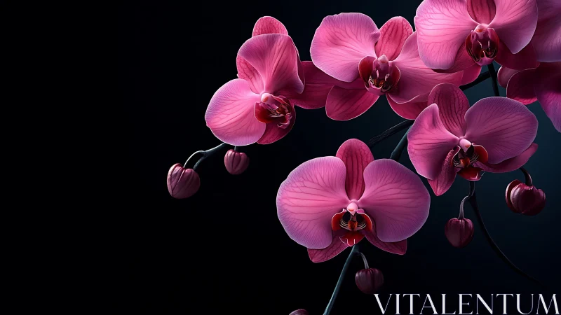 Pink Orchids Against Dark Void: Photorealistic Botanical Study.