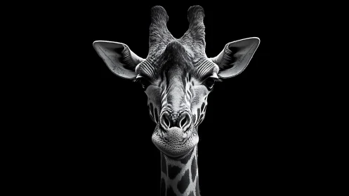 Monochrome frontal portrait of giraffe on black background.