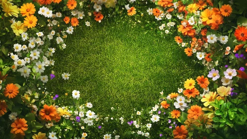 Aerial view of colorful flowers and green grass