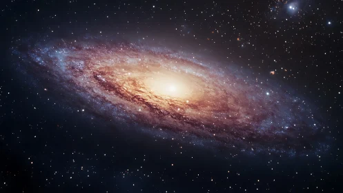 Spiral galaxy glows with dense golden core and blue arms.