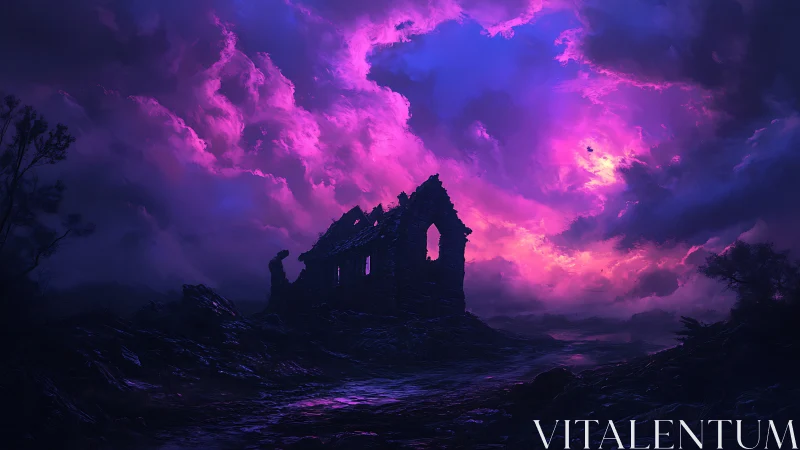 Ruined stone structure stands before luminous magenta sky