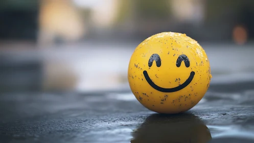 Photorealistic close-up of worn yellow smiley ball on asphalt.