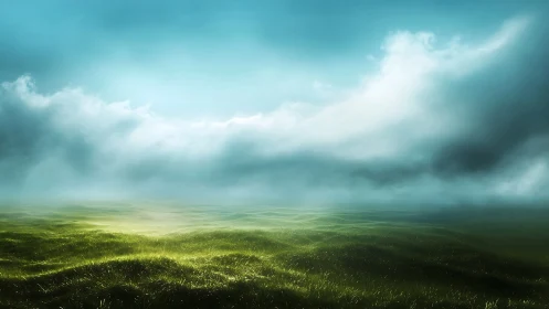 Misty green field under dramatic rolling clouds at dawn.