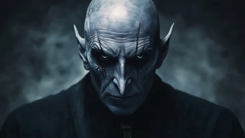Bald humanoid creature portrait with elongated ears, front view.