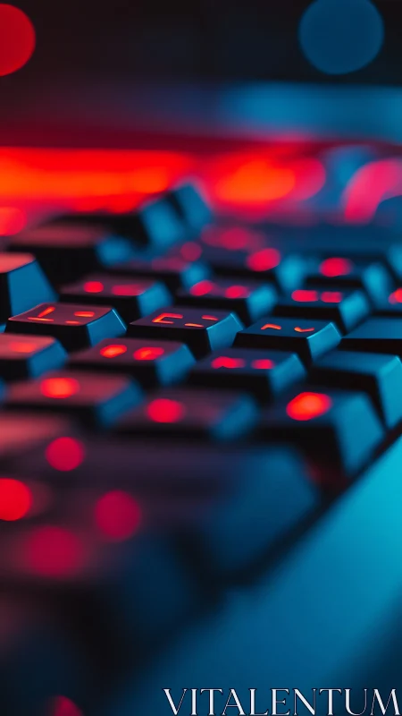 Oblique macro study of RGB-backlit mechanical keyboard with bokeh