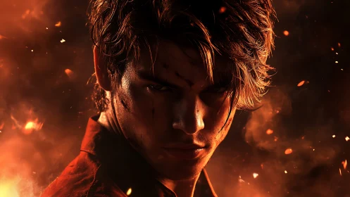 Male face emerges from dark, fiery background with sparks