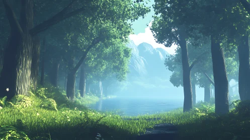 Forest clearing with lake vista and distant mountains