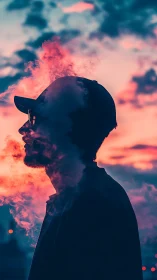 Silhouette in neon clouds breathing out a painted sunset.