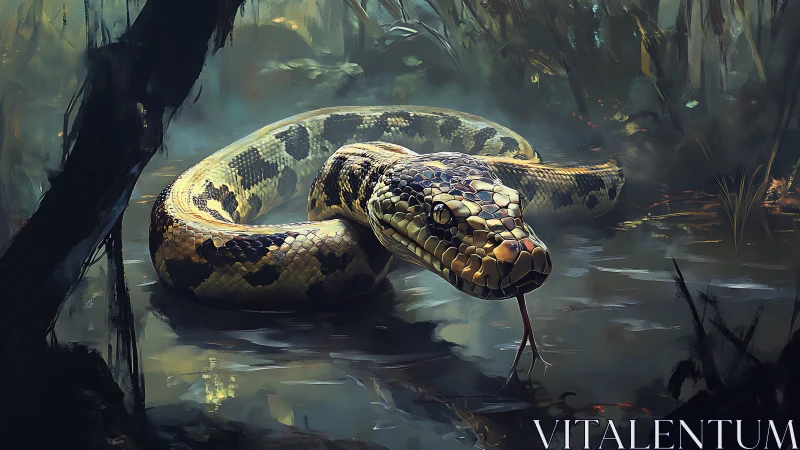 Large patterned snake resting in a dim swamp pool.