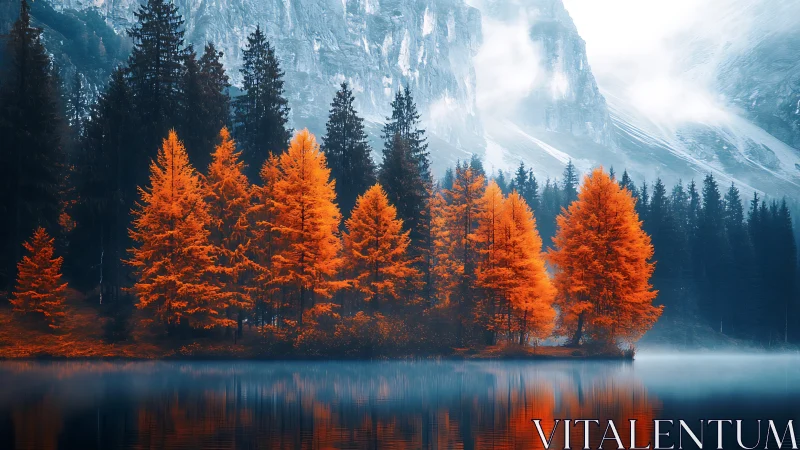 Ember trees ignite a misty alpine lake beneath ghost mountains.