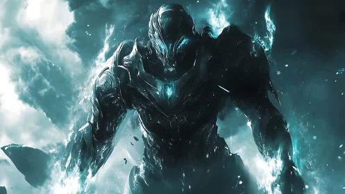 Armored cybernetic titan emerges in luminescent plasma storm