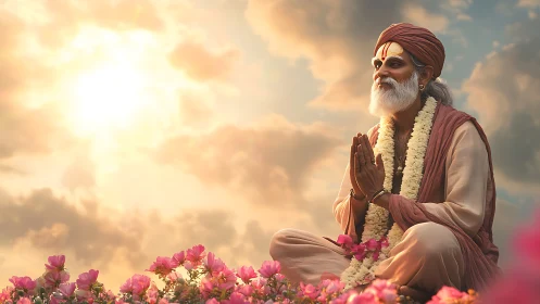 Elderly guru meditates in glowing sunrise above pink flowers