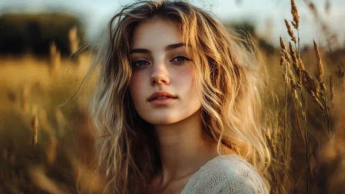 Golden hour portrait in sunlit wheat field, soft bokeh focus.
