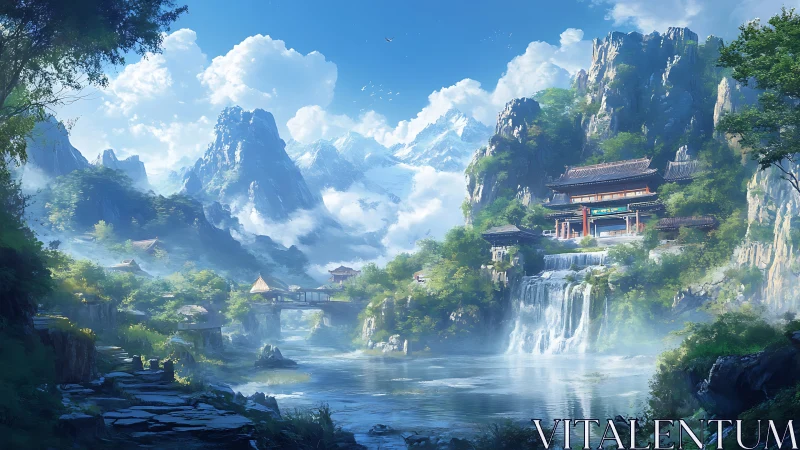 Misty mountain temple above cascading river falls at dawn.