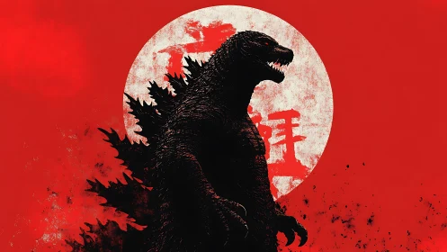 Silhouette monster before distressed red rising sun emblem.