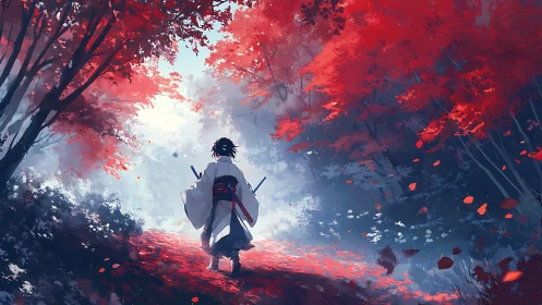 Lone wanderer steps through crimson forest toward quiet light