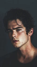 Close-up portrait of young man with dark hair in shadowed light.