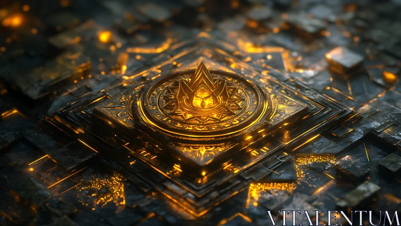 Central metallic emblem rests on illuminated geometric platform