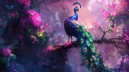 Iridescent peacock on branch in saturated bioluminescent forest