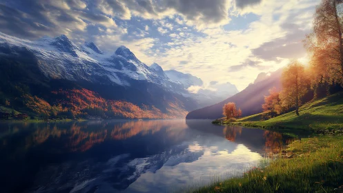 Sunlit alpine lake cradled by fiery autumn valley and peaks.
