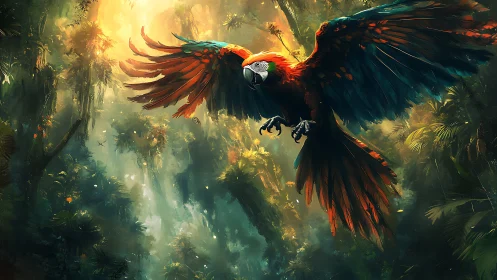 Vibrant scarlet macaw soaring through luminous jungle canopy.