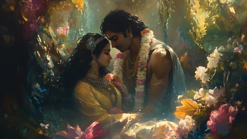 Ornamental Couple in Luminous Floral Glade: Digital Portrait Study.