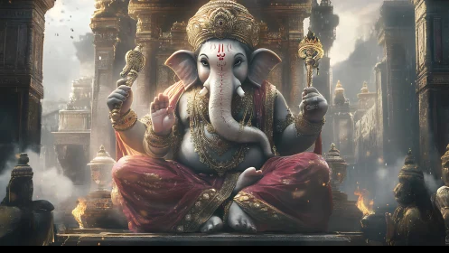 Elephant-headed deity sculpture in ornate temple setting.