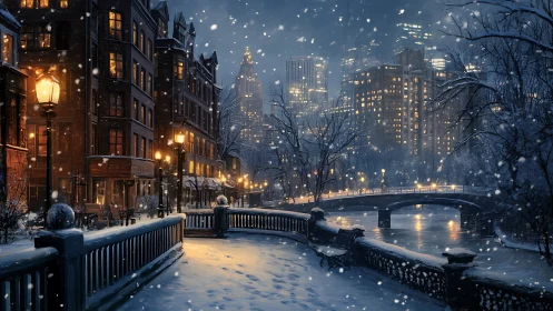 Snowy riverside cityscape under warm lamplight glow.