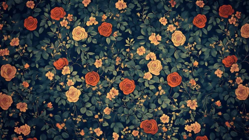 Dense floral pattern shows repeating roses on dark background
