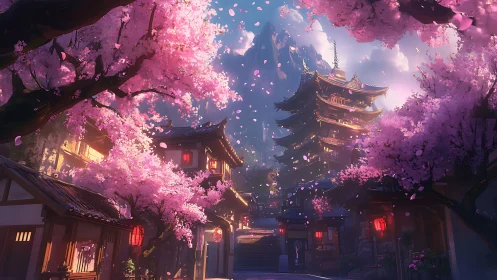 Pagoda courtyard with cherry blossoms under mountain light.