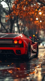 Red supercar on wet autumn city street in soft bokeh light.
