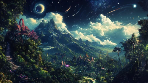 Starlit jungles cradle a celestial mountain city in bloom