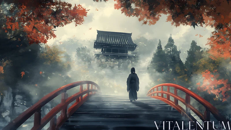 Solitary figure on red bridge toward distant temple in mist.