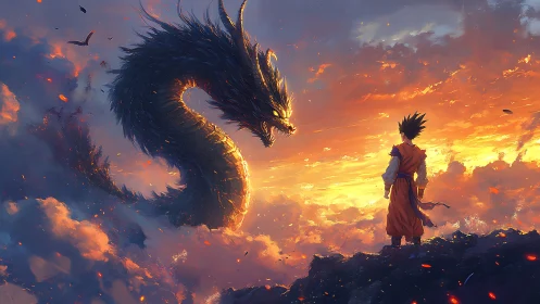 Warrior confronts massive dragon in blazing sunset sky