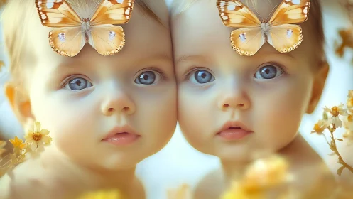 Twin Wonder: Celestial Children Adorned with Golden Butterfly Crowns