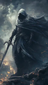 Hooded dark knight stands with sword amid burning ruins.