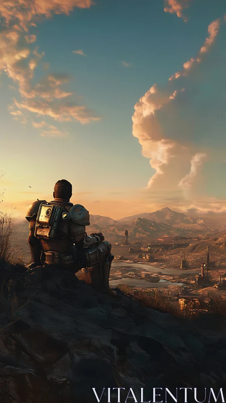 Armored explorer surveys irradiated valley under volumetric cloud