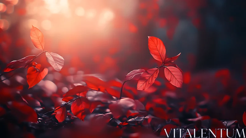 Red leaves in shallow focus under strong backlighting glow