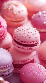 Macro optical study of pearl-dusted pink macarons stack.