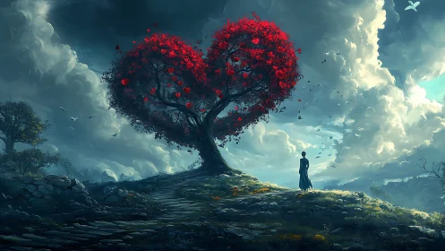 Heart-shaped tree with red foliage under clouded sky.