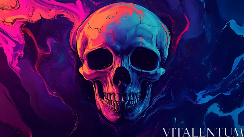 Chromatic skull rendered in high-contrast neon gradients and fluid swirls