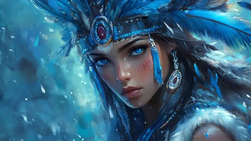 Crystal-eyed warrior portrait with cerulean feather headdress.