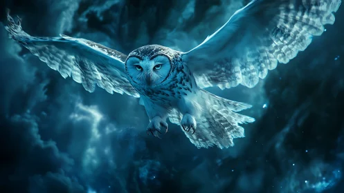 Snowy owl in mid-flight against diffuse nocturnal sky.